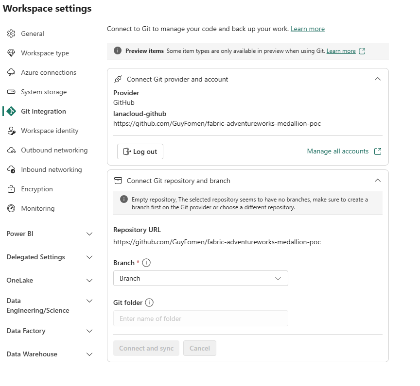 Connect Git repository and branch — Empty repository warning, no branches available